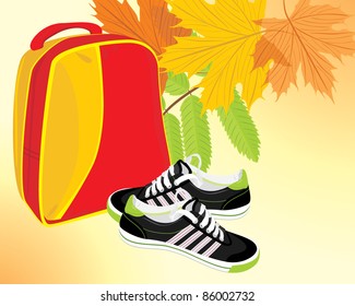 Pair of sneakers and backpack on the autumn background. Vector