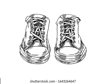 Pair of sneakers front view in line art style. Star-shaped shoelaces.