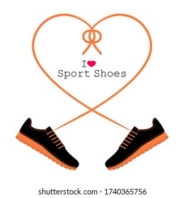 Un par de zapatillas y cordones en forma de corazón. Un par de zapatos de deporte con cordones largos. Me encantan los zapatos deportivos. Ilustración vectorial aislada sobre fondo blanco. Estilo plano.