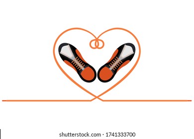 A pair of sneakers and a heart shaped shoelaces. Top view. A pair of gym shoes with long laces. Isolated vector illustration on white background. Flat style.