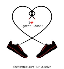 A pair of sneakers and a heart shaped shoelaces. A pair of gym shoes with long laces. I love sport shoes. Isolated vector illustration on white background. Flat style.