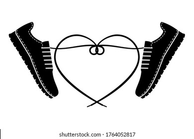 A pair of sneakers and a heart shaped shoelaces. A pair of gym shoes with long laces. Isolated vector illustration on white background. Flat style.