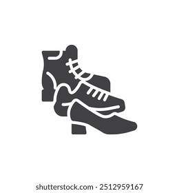 Par de zapatillas de deporte, tacones altos y botas icono de Vector. cartel plano lleno para concepto móvil y Diseño web. Icono de glifo de zapatos. Símbolo del calzado, ilustración del logotipo. Gráficos de Vector