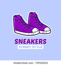 Pair of Sneakers icon in flat outline style. Fashion skate sneakers for summer season. Vector cartoon illustration for shoes shop logo, sticker or tee design