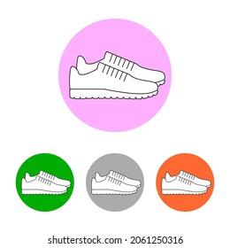 Pair-Turnschuhe-Ikone. Lineare Umrisse einfache Website-Elemente und runde, farbige Symbole mit Sportschuhen. Einzeln Vektorgrafik und Clipart mit Trainings-, Laufschuhen- und Fitnessschuhen. 