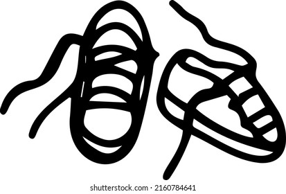A pair of sneakers with laces. Hand-drawn vector black and white illustration. Isolated object on a white background. Sports stylish shoes.