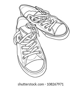 Pair of sneakers on the white background drawn in a sketch style. Vector illustration.