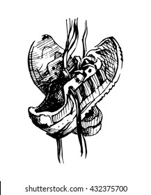 Pair of sneakers on white background drawn in a sketch style. Sneakers hanging on a peg. Vector illustration.