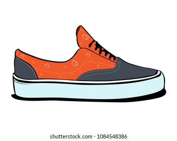 Pair of sneakers, a side view in orange color