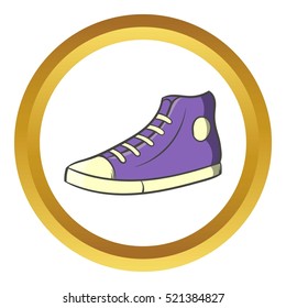 Pair of sneakers vector icon in golden circle, cartoon style isolated on white background