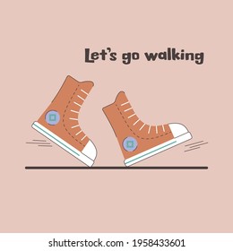 Pair of sneakers walking on pink background with appeal Let's go walking