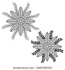 Un par de copos de nieve. Adornos de Vector de invierno. Ilustración en blanco y negro. Elementos decorativos de temporada. EPS 10.