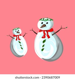 A pair of snowman and snow dolls, with a pink background