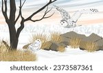 A pair of snowy owls on a snowy field. Wild birds of the Arctic. Realistic vector landscape