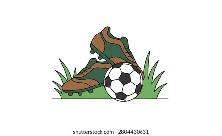 Pair of soccer cleats resting next to a classic black and white soccer ball on a patch of green grass for a sports inspired illustration.