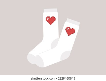 A pair of socks with 8 bit red hearts, saint valentines gifts