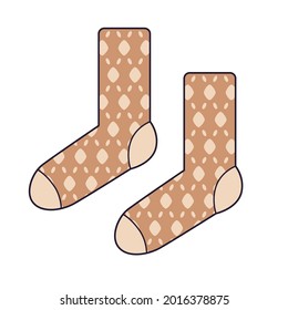 Pair of socks with brown luxury brand style pattern isolated vector, vogue fashion and haute couture.