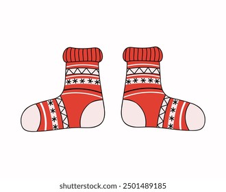 Pair of socks with Christmas ornament. Warm cozy knitted clothes. Handmade, needlework, knitting. Wool socks. Autumn, winter season. Illustration on isolated background.