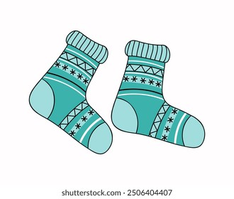 Pair of socks with Christmas ornament. Warm cozy knitted clothes. Handmade, needlework, knitting. Wool socks. Autumn, winter season. Illustration on isolated background.