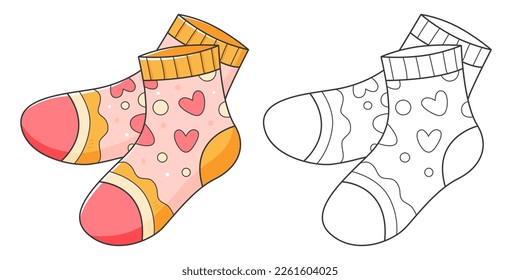A pair socks coloring book and coloring example for kids  Coloring page and socks  Monochrome   color version  Vector children's illustration 