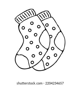 Pair Socks Doodle Isolated On White Background. Vector Hand Drawn Clipart. Cute Clothes Outline Sketch. Cozy Autumn Footgear Ink Illustration