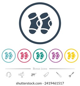 A pair of socks flat color icons in round outlines. 6 bonus icons included.
