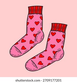 Par de calcetines con corazones. Vector plano dibujado a mano. Día de San Valentín. Vacaciones románticas. Tarjeta celebrando el amor. Aniversario de la Boda. Ilustración de Doodle.