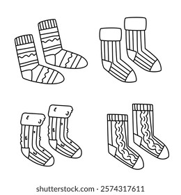 Pair of socks. Set of 4 pairs of different warm socks for feet. Flat vector line illustration, eps10