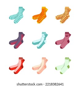 Pair of socks set. Vector illustrations of hosiery in different colors. Cartoon cotton socks with patterns and stripes for child and adult isolated on white. Casual clothing, fashion concept