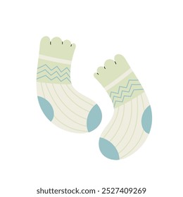 Pair socks. Striped socks. Kids socks with a ruffle. Flat illustration on a white background. Autumn and winter cozy season. Accessorize.