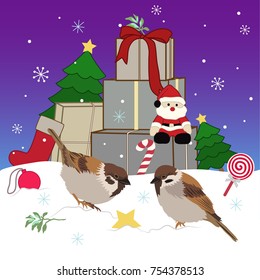 a pair of sparrow bird in Christmas scene and stuff