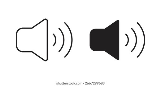 Par de iconos de altavoz, uno negro y un contorno, aislado en blanco. Diseño sencillo y moderno.