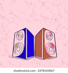 Pair of Speakers on Music Notes Pink Background and Copy Space.