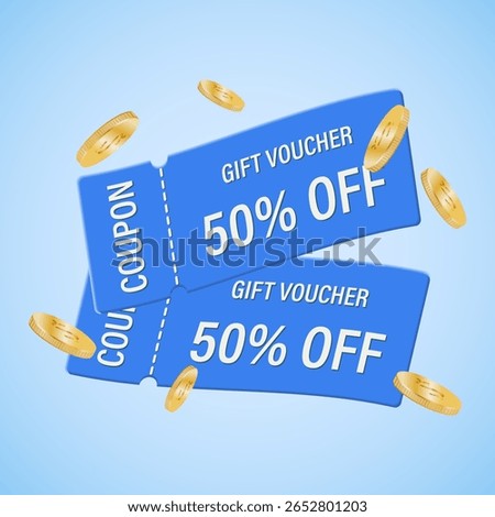 A pair of special 3d coupons with a percentage discount, coupon code. A gift certificate for the vector banner of an exclusive promotional event.
