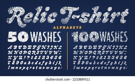 A pair of special effects alphabets with a weathered, cracked and worn silk-screen t-shirt print effect. Retro 1960s or 1970s font vibe for faux vintage tees or hoodies.