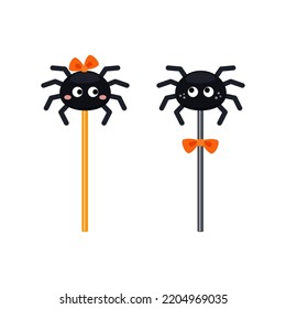 Pair of spider-shaped candies on sticks with bows. Flat cartoon vector illustration isolated on white background. Halloween trick or treat sweets for web, mobile app, greeting card, holiday design 