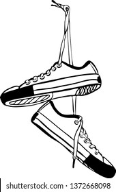 pair of sporting sneakers of hand-drawn hang on long laces. Black outline drawing