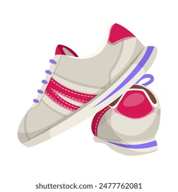 Pair of sports shoes with red and purple accents, illustrated in a flat graphic style, on a white background. Concept of athletic footwear. Vector illustration