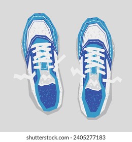 A Pair of Sports Shoes, Sneakers ,Top View, Flat Style, Nostalgic Realism  Isolated Vector Illustration.