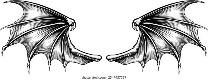 Um par de asas de dragão de morcego, diabo, vampiro ou demônio desenhando em um estilo de xilogravura retro vintage
