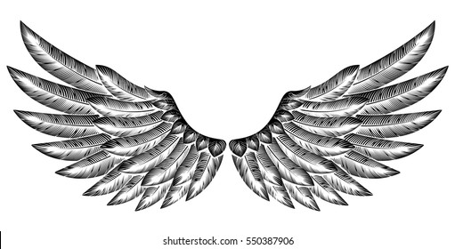 Pair of spread etched woodcut vintage style wings