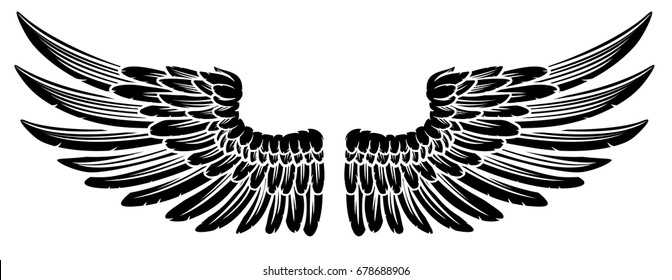 A pair of spread etched woodcut vintage style wings
