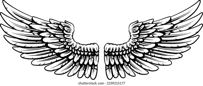 A pair of spread feather wings like those of an eagle or angel 