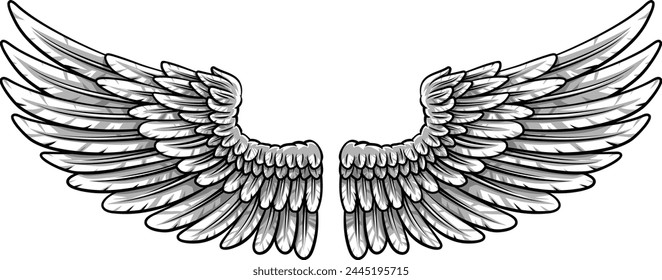 A pair of spread feather wings like those of an eagle or angel 