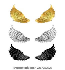 Par de pájaro de águila esparcido o vector de alas ángel conjunto dorado. negro de línea y sólido