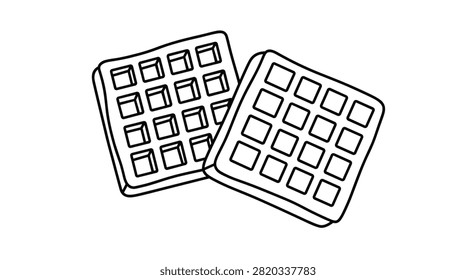 Pair of square-shaped waffles with deep grid patterns is shown in a simple black and white line art illustration for breakfast and bakery themes.
