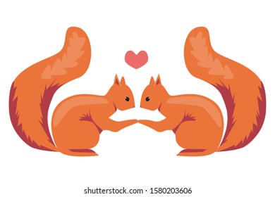 A pair of squirrels hold hands. A cute flat vector stock illustration with animals in love and heart for Valentine's day isolated on white background. A flat isolate as a concept of romance.
