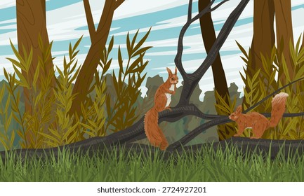 Um par de esquilos fica em um galho de uma árvore caída na floresta. Paisagem vetorial realista.