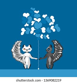 A pair of squirrels are standing and holding a bunch of balloons in blue and white color in the shape of a heart.