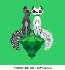 A pair of squirrels are standing on a huge green cone. One squirrel looks at another.